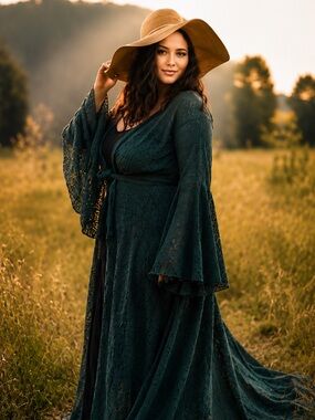 Dark Green Lace Duster Robe | Boho Bell Sleeve maxi kimono cover up duster bell